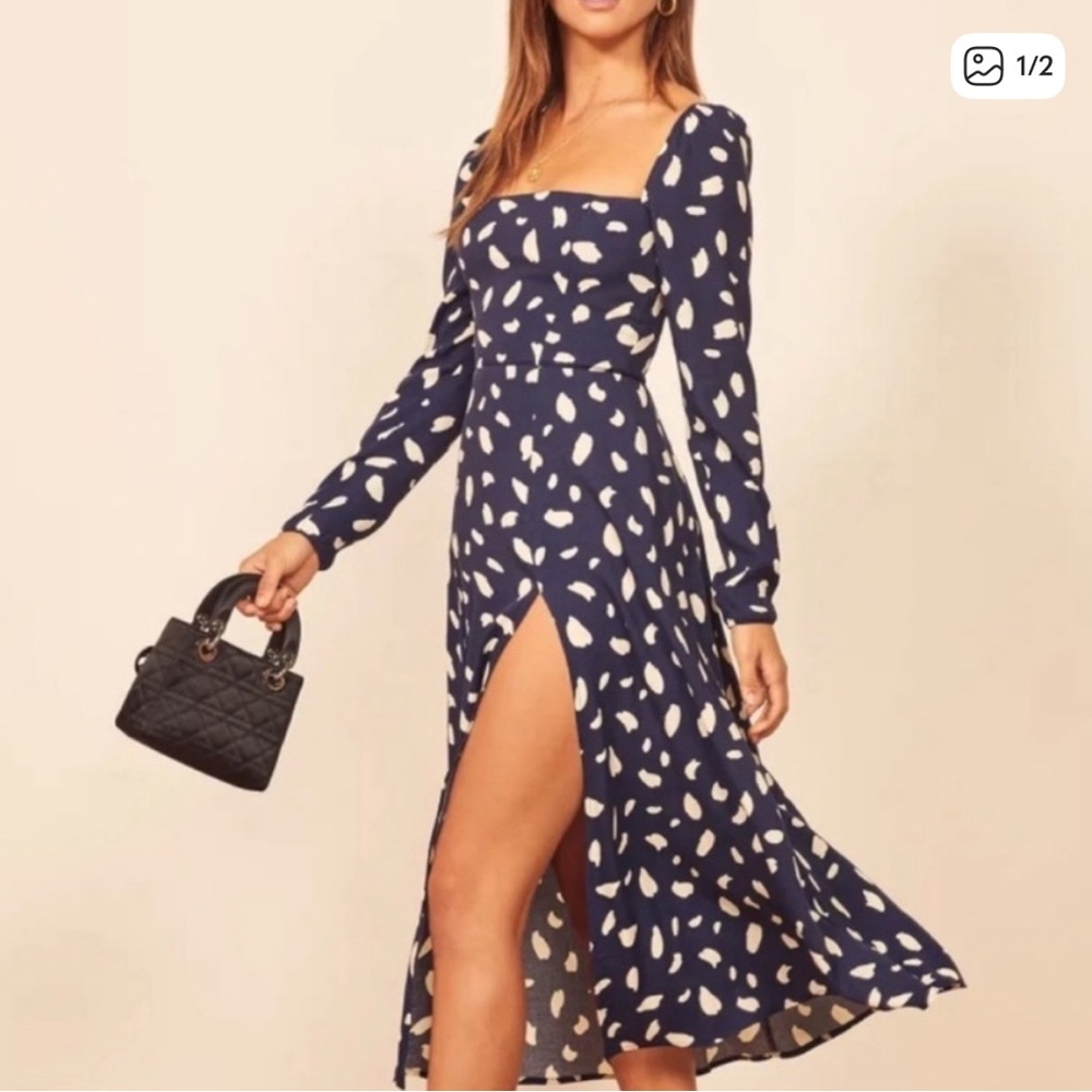 Reformation Sigmund Navy and White Long Sleeve Dress